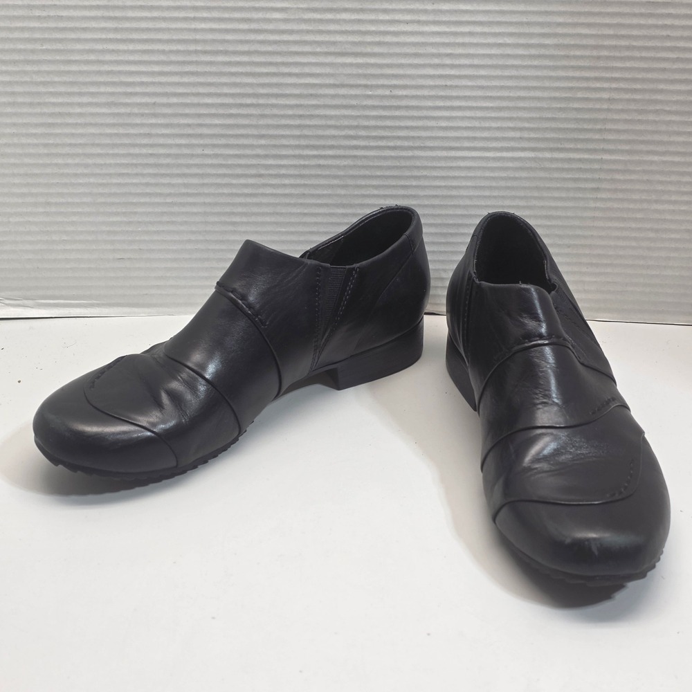 Josef Seibel Black Leather Slip On Loafers Womens 39 Low Block Heel Comfort Shoe